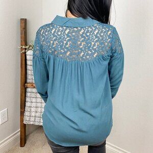 Teal Lace Faux Button Up Blouse
